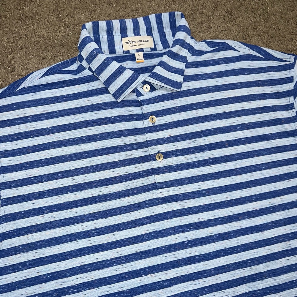 Peter Millar Summer Comfort Polo Shirt Men's L Blue Striped Short Sleeve